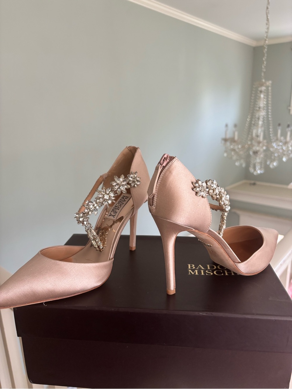 Badgley Mischka pink satin heels with crystal embellishments